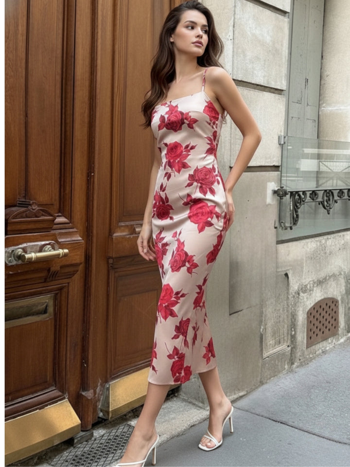 Cream Strappy Large Floral Printed Fitted Dress