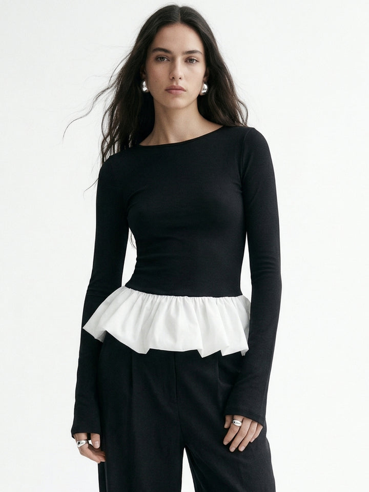 Black Full Sleeve Fitted Peplum Top