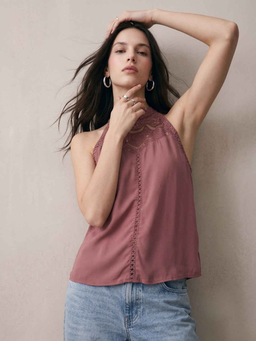 Mauve Halter Neck Tank With Lace Inserts
