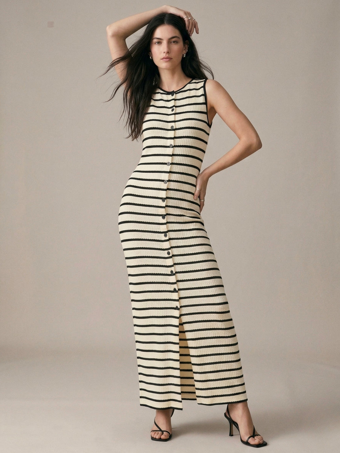 Cream Sleeveless Front Buttoned Slit Dress