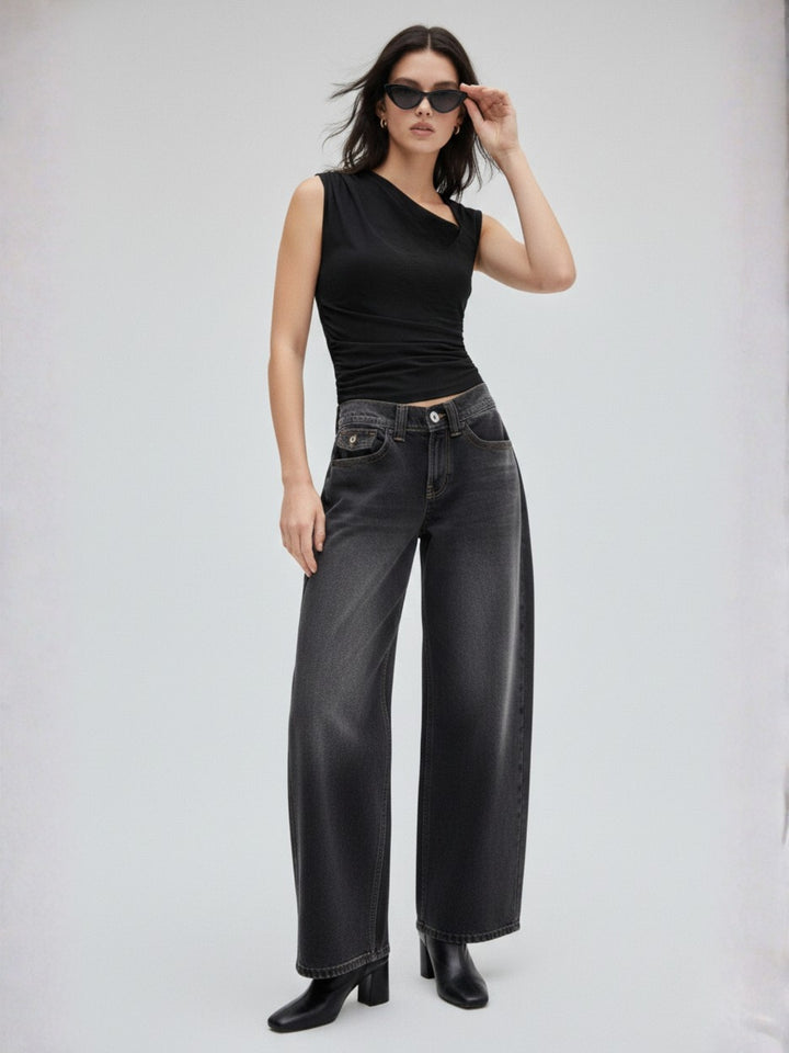 Black Asymmetric Neck With Side And Sleeve Ruching