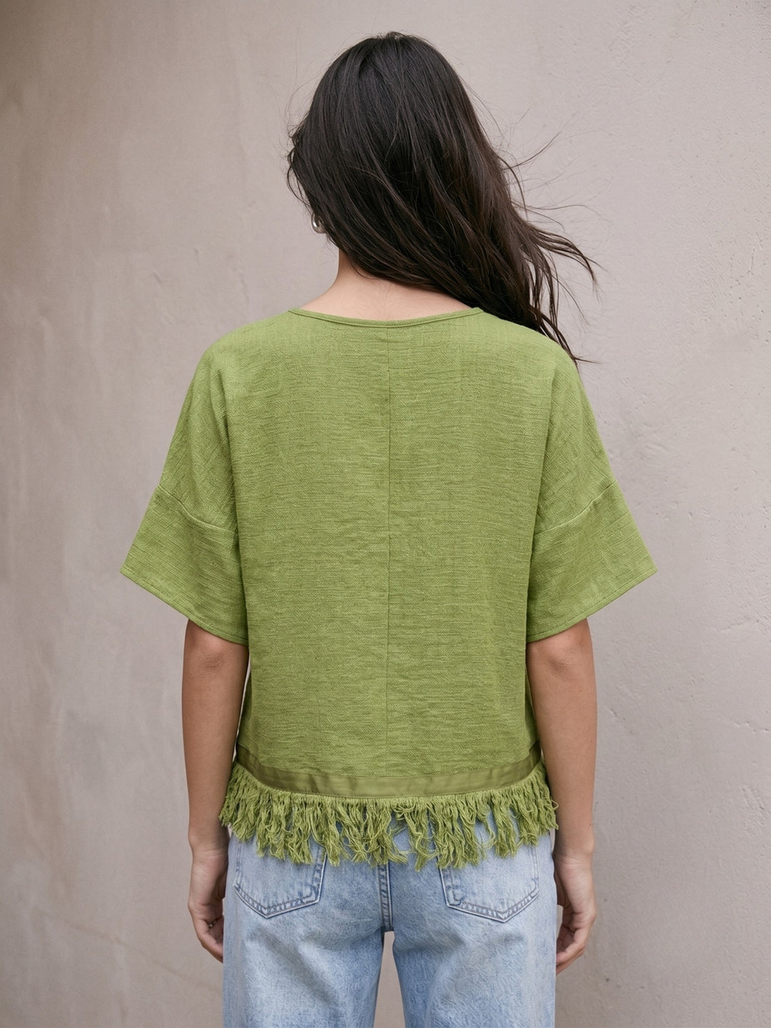 Olive Relaxed Flowy Top With Fringed Hem