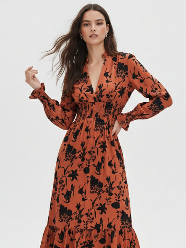 Orange Floral Print Smocked Midi Dress