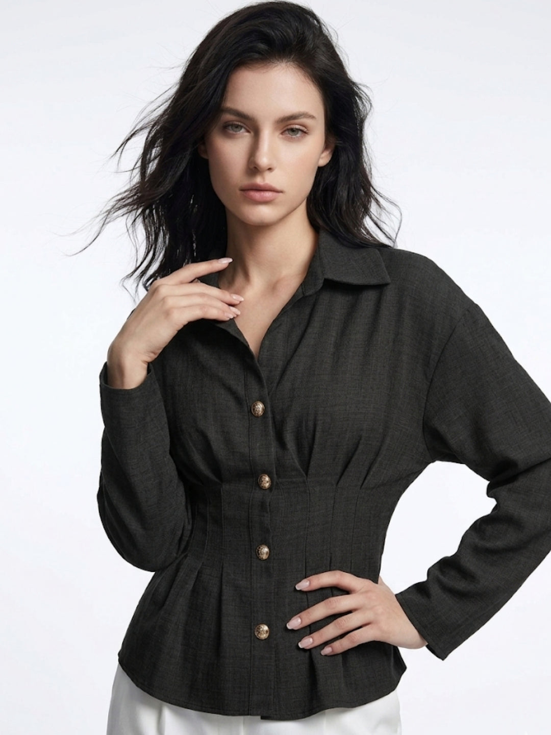 Black Full Sleeves Front Pleated Shirt