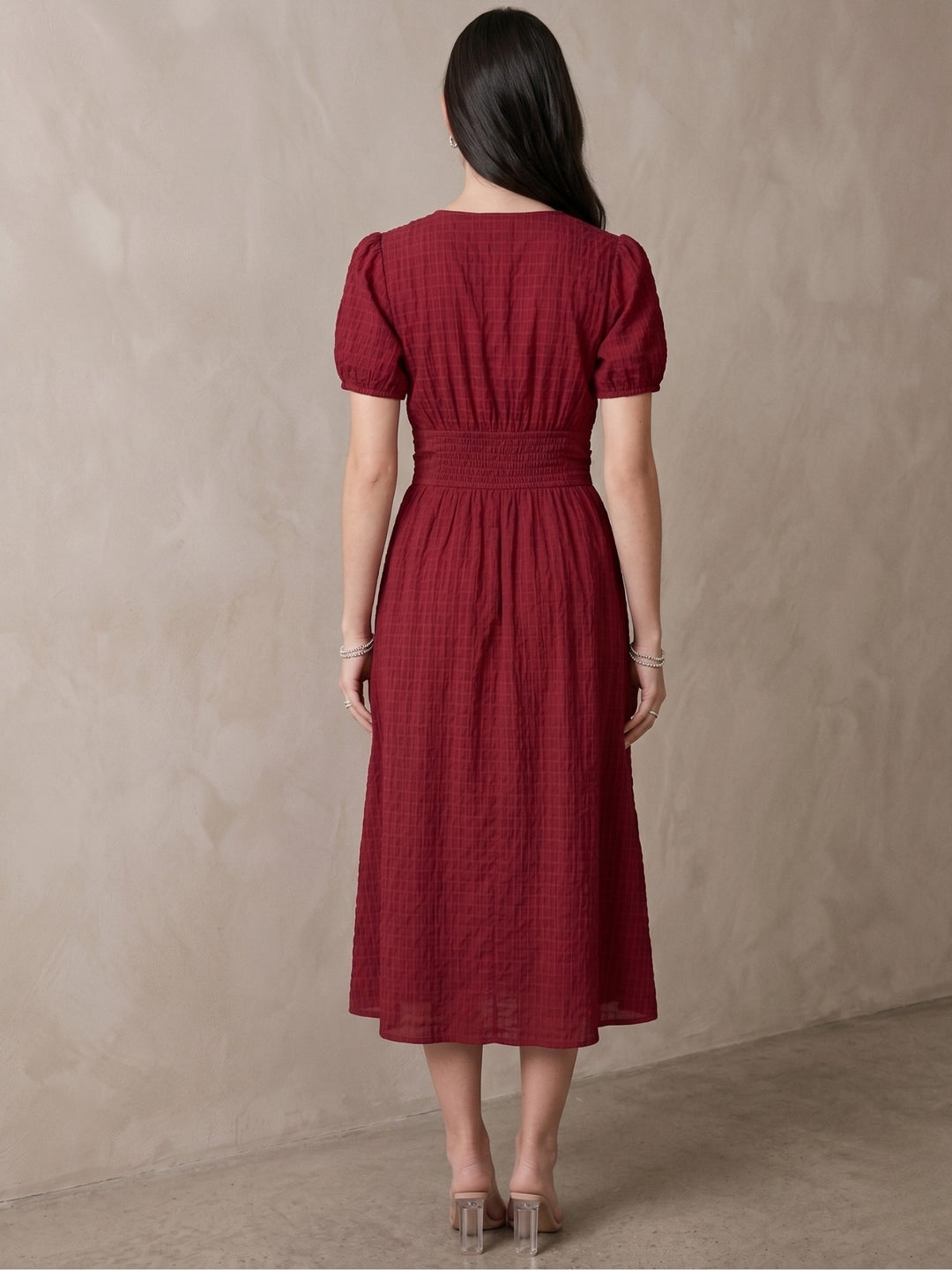 Wine Puff Sleeve Waist Fitted Dress