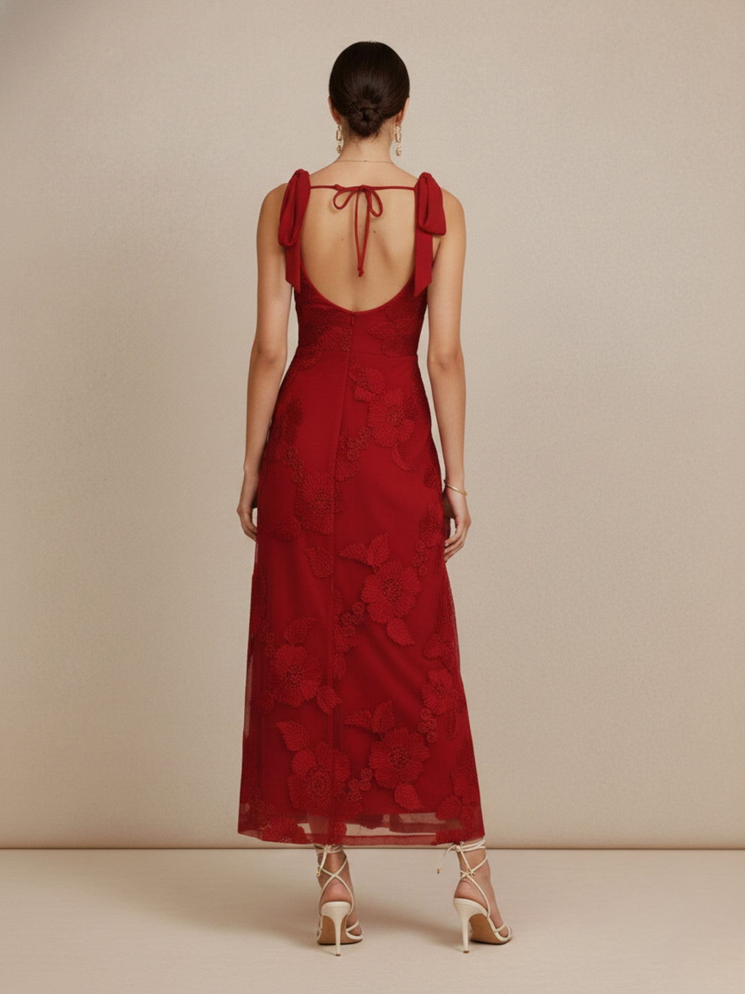 Red Shoulder Tie-Up Textured Dress