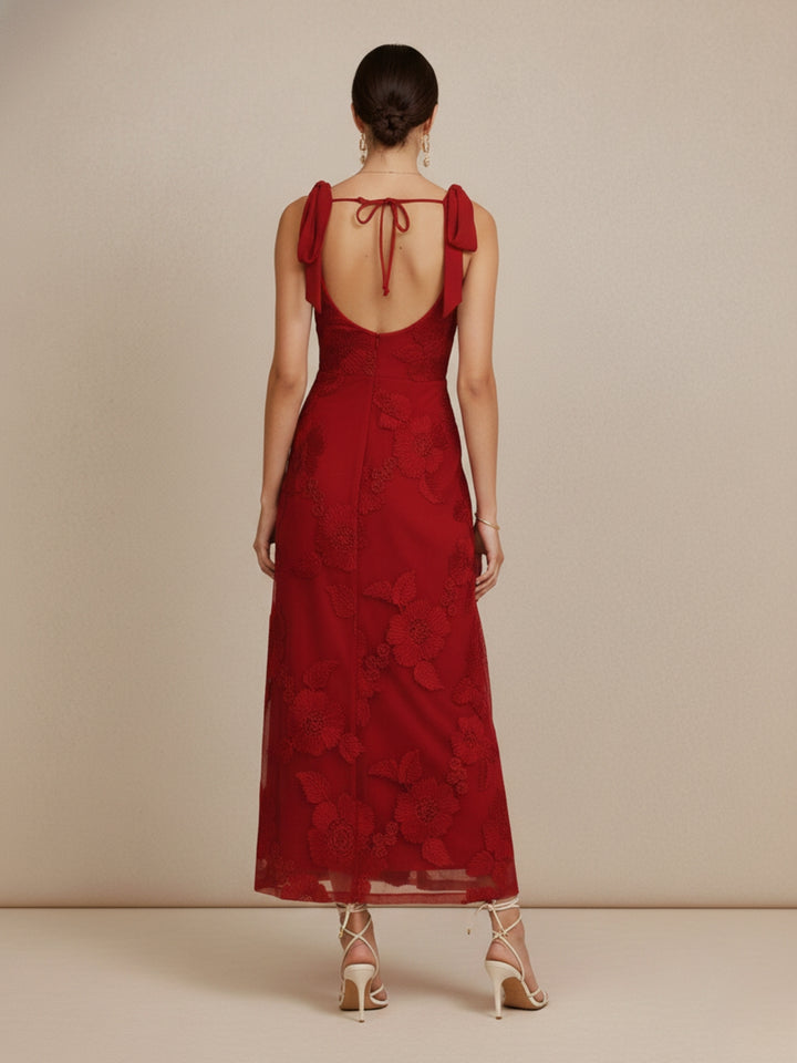 Red Shoulder Tie-Up Textured Dress