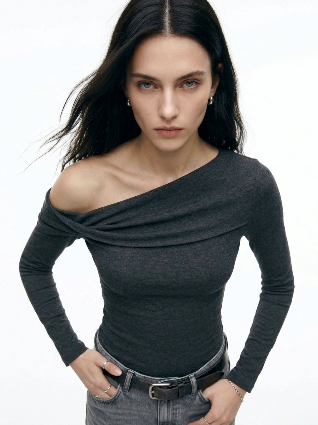 Charcoal Off-Shoulder Twisted Detail Top