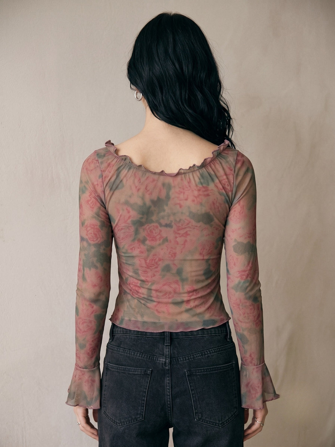 Pink Printed Ruffled Neck Top With Flared Sleeves
