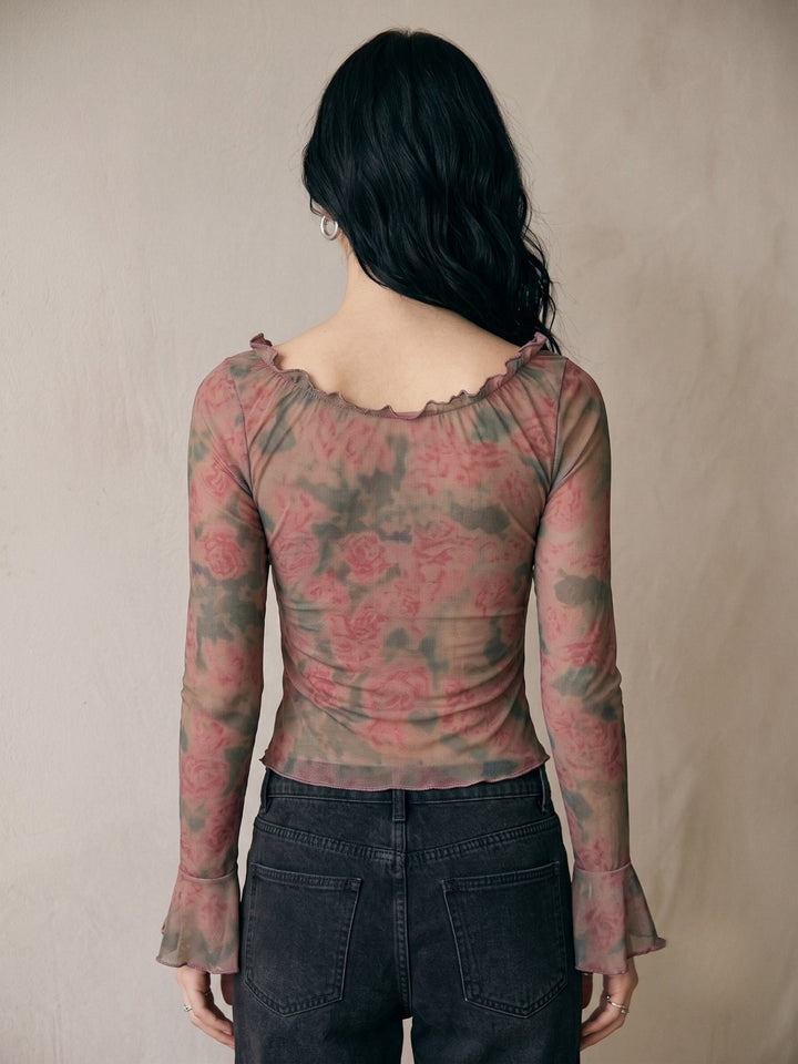 Pink Printed Ruffled Neck Top With Flared Sleeves
