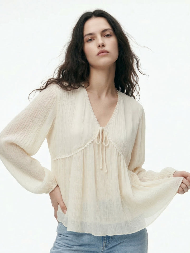 Beige Empire Waist Line Lace Detail Sheer Top