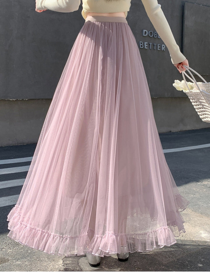 Lilac Sheer A-Line Maxi Skirt With Frilled Hem