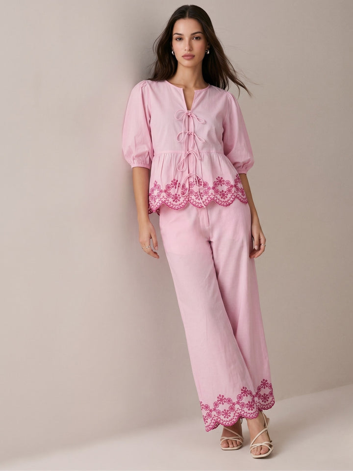 Pink Contrast Schiffli With Regular Fit Shirt Paired With Wide Leg Trouser