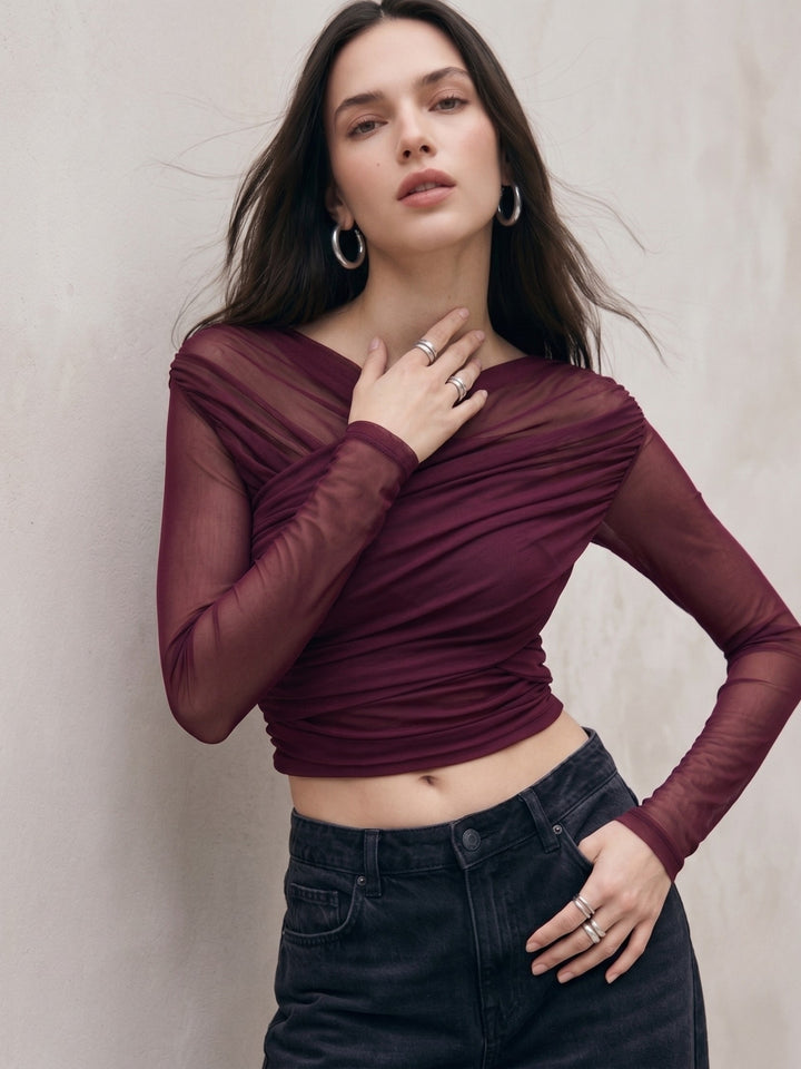 Wine Cross-Wrap Ruched Long-Sleeve Top