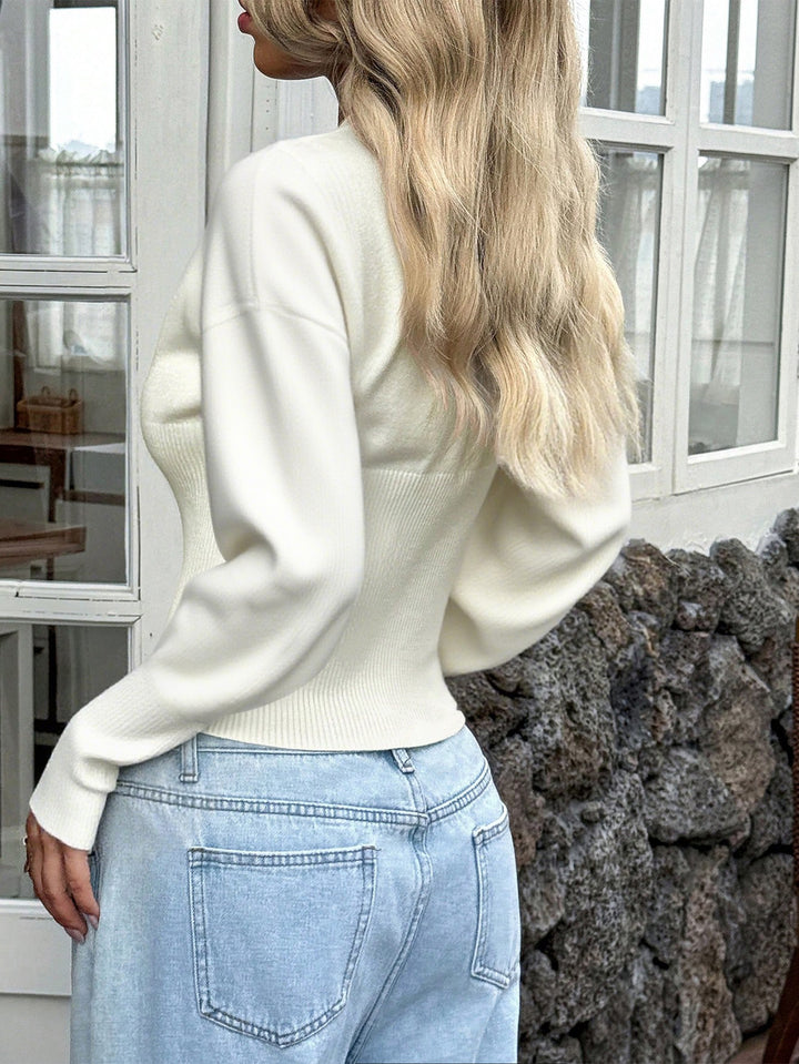 White Full Sleeve V Neck Solid Cardigan