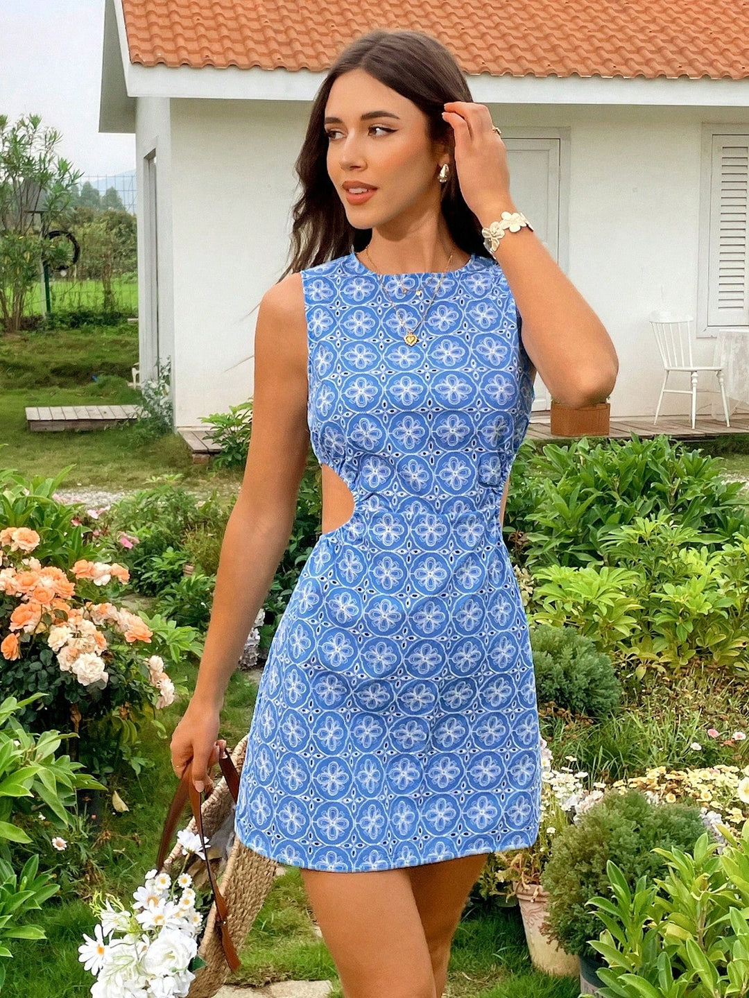 Blue Sleeveless Back Cut-Out Dress