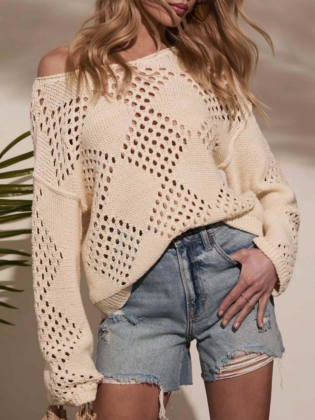 Cream Full Sleeve Textured Sweaters