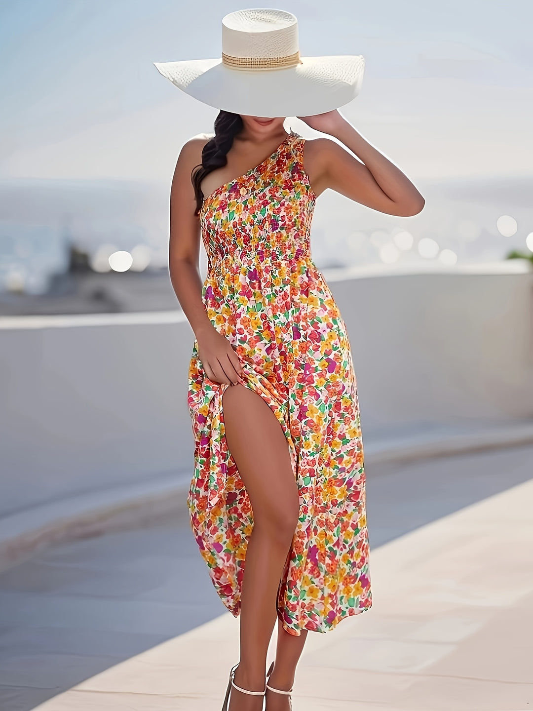 Orange One Shoulder Floral Printed Dress