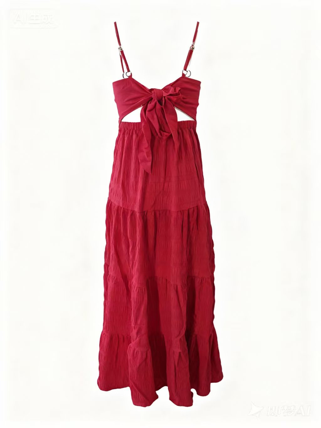 Red Shoulder Strap Back Bow Tiered Dress