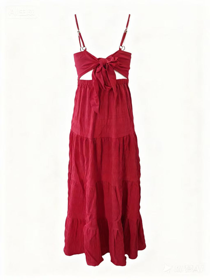 Red Shoulder Strap Back Bow Tiered Dress