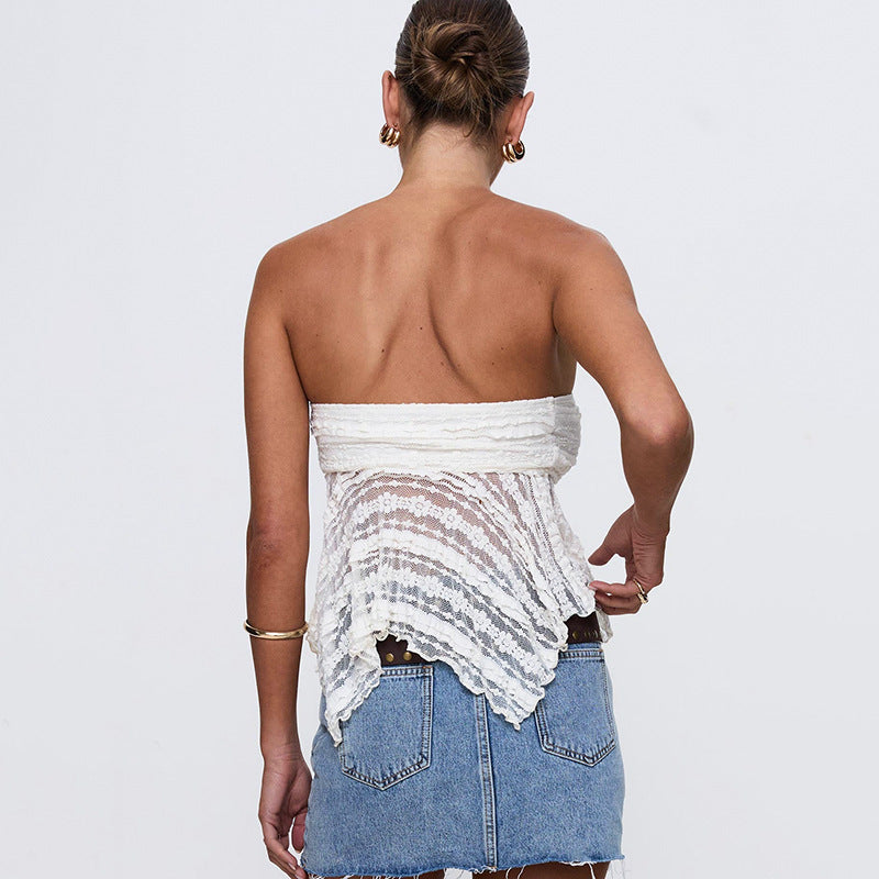 White Strapless Ruffled Mesh Top