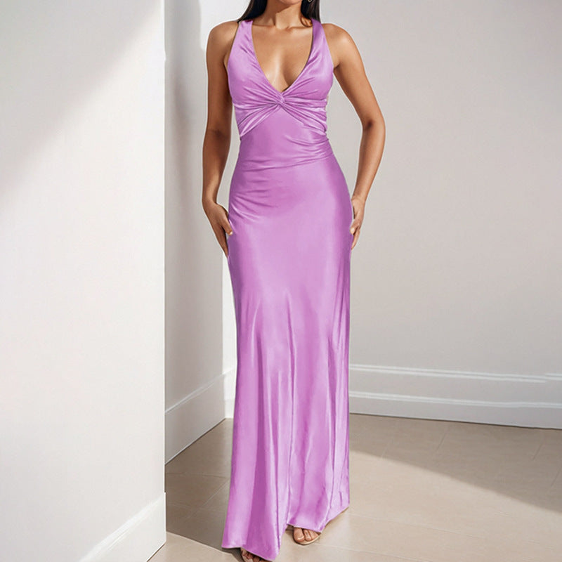 Purple Solid Halter Fish Tail Evening Dress