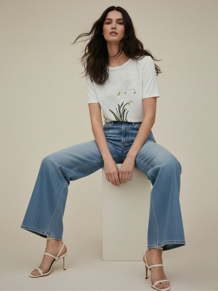 White Embellished Floral Graphic T-Shirt
