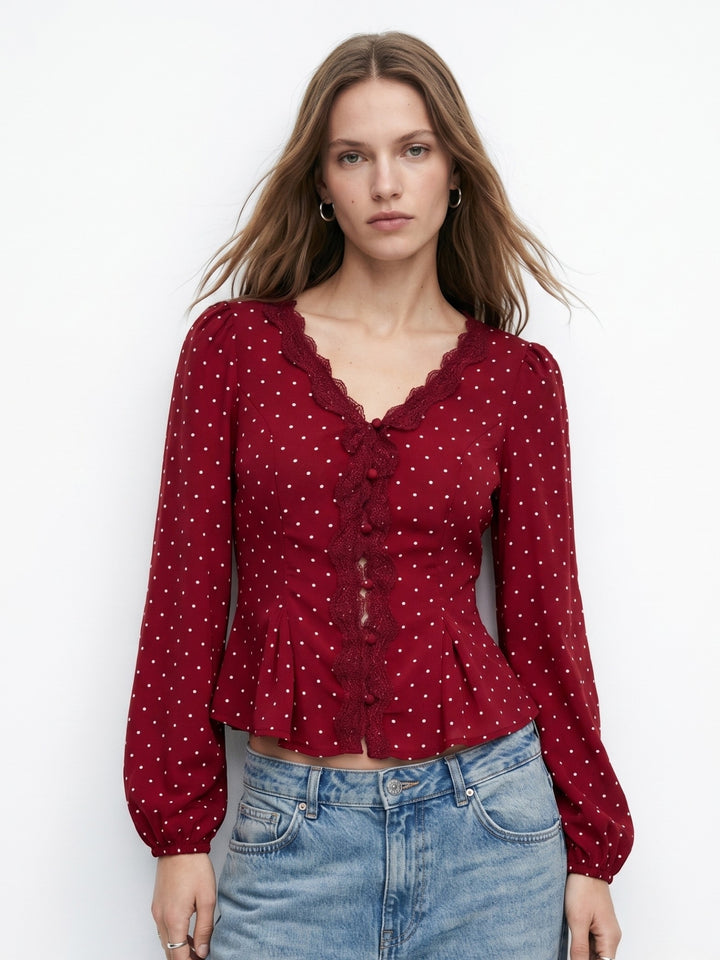 Red Polka Dotted Blouse With Lace Inserts