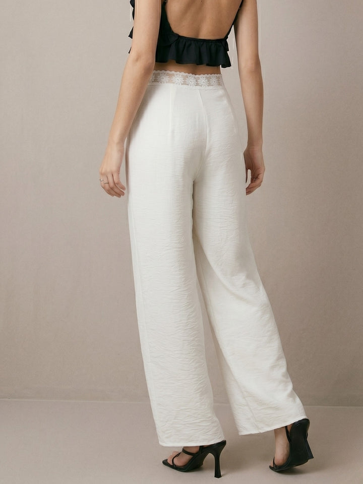 White Waist Trim Details Wide Leg Pant