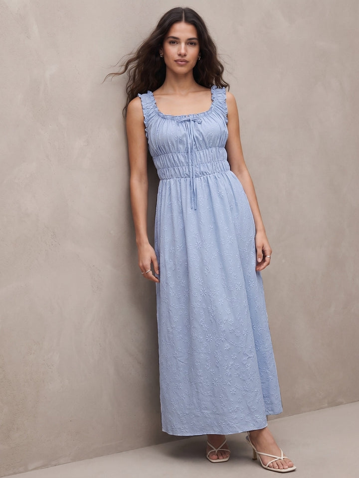 Blue Square Neck Textured Flared Dress