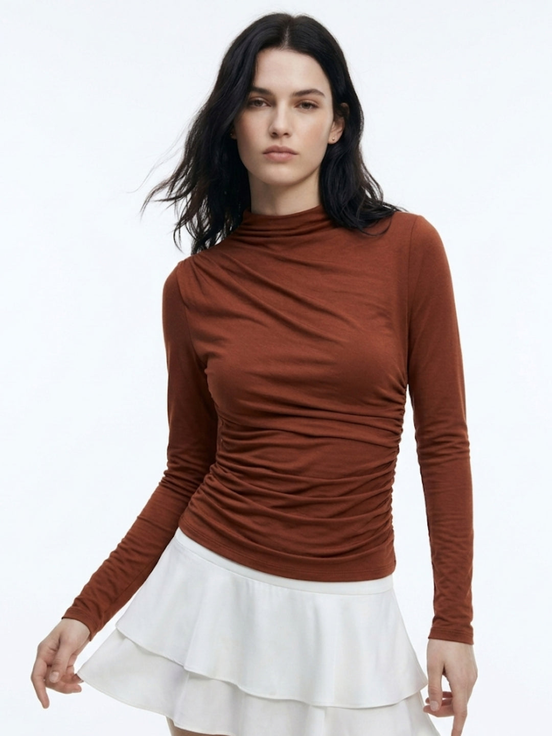 Brown Full Sleeve Mock Neck Top