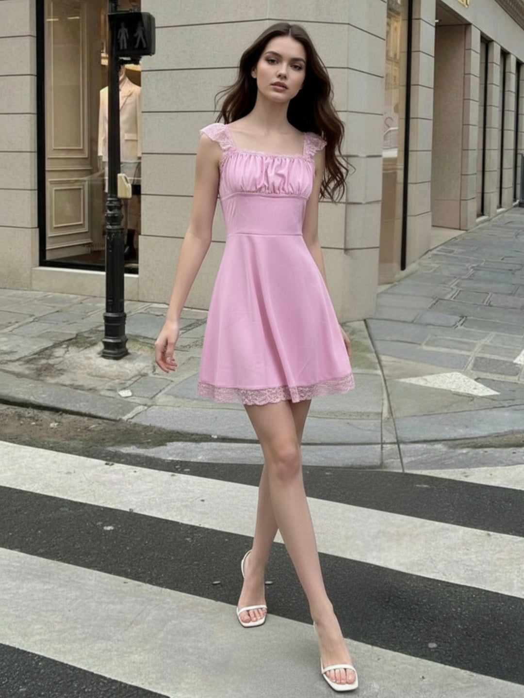 Pink Ruffle Sleeve Lace Hem Dress