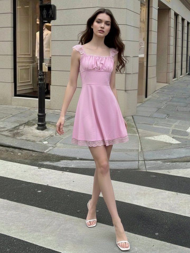 Pink Ruffle Sleeve Lace Hem Dress