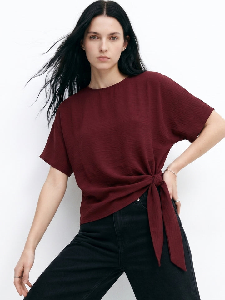 Wine Waist Tie-Up Crew Neck Tops