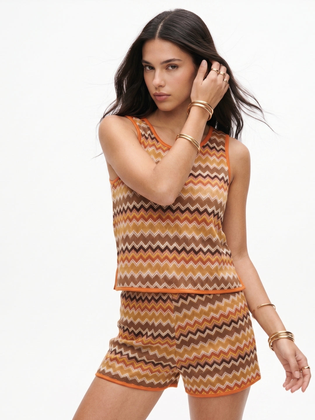 Orange Printed Top And Shorts Set