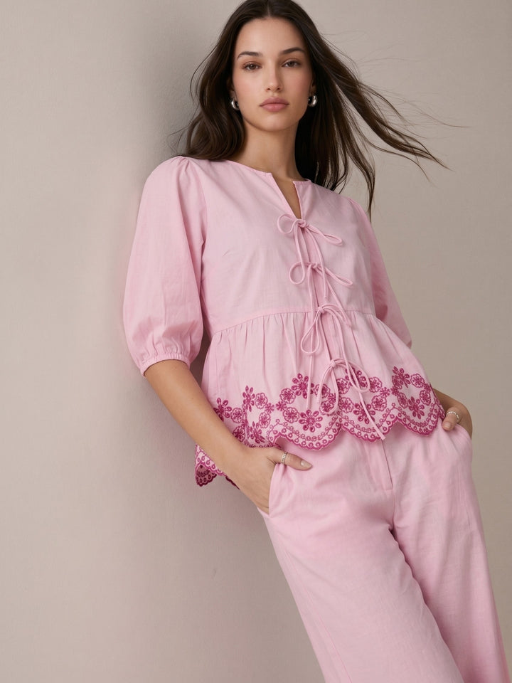 Pink Contrast Schiffli With Regular Fit Shirt Paired With Wide Leg Trouser
