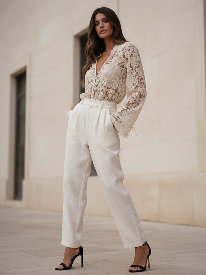 Cream Bell Sleeve Textured V Neck Mesh Top