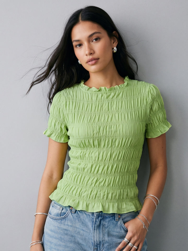 Green Smocked Fitted Top