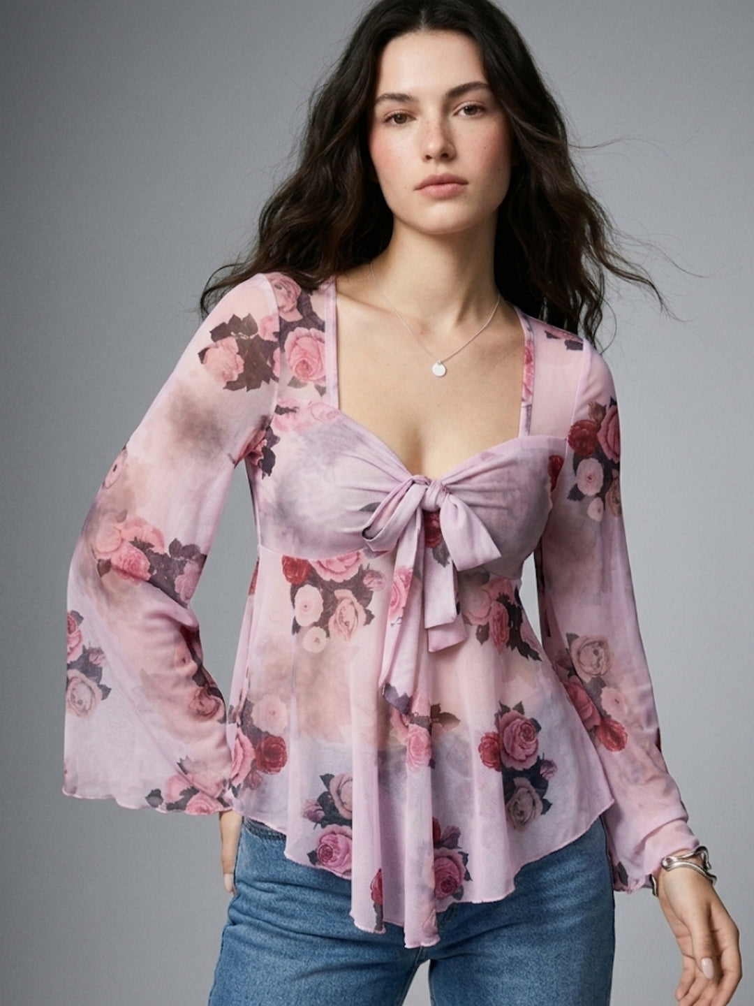 Pink Bell Sleeves Front Tie-up Top