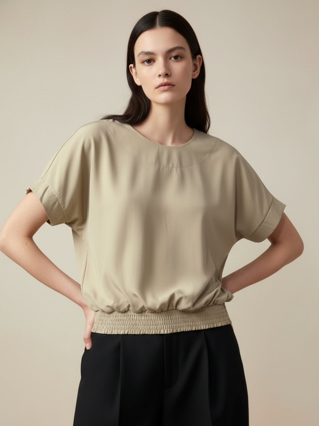 Khaki Waist Elastic Ruffle Sleeve Top
