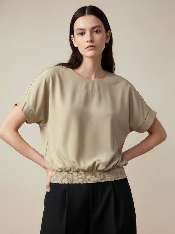 Khaki Waist Elastic Ruffle Sleeve Top