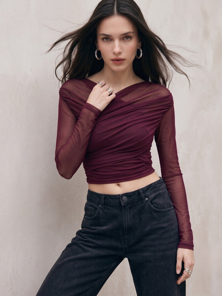 Wine Cross-Wrap Ruched Long-Sleeve Top