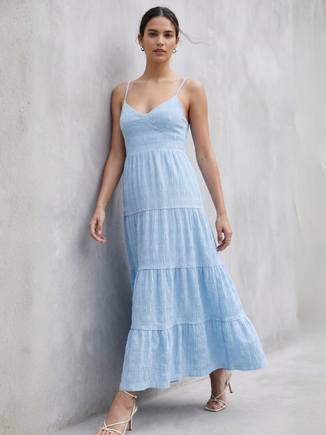 Blue Shoulder Strap Back Bow Tiered Dress