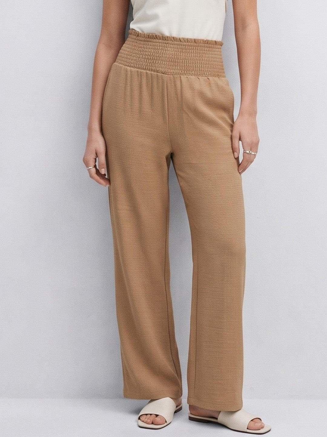 Beige High Waist Wide Leg Trousers