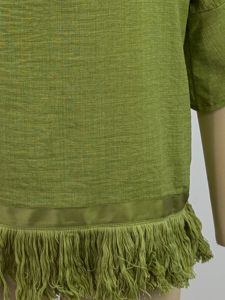Olive Relaxed Flowy Top With Fringed Hem
