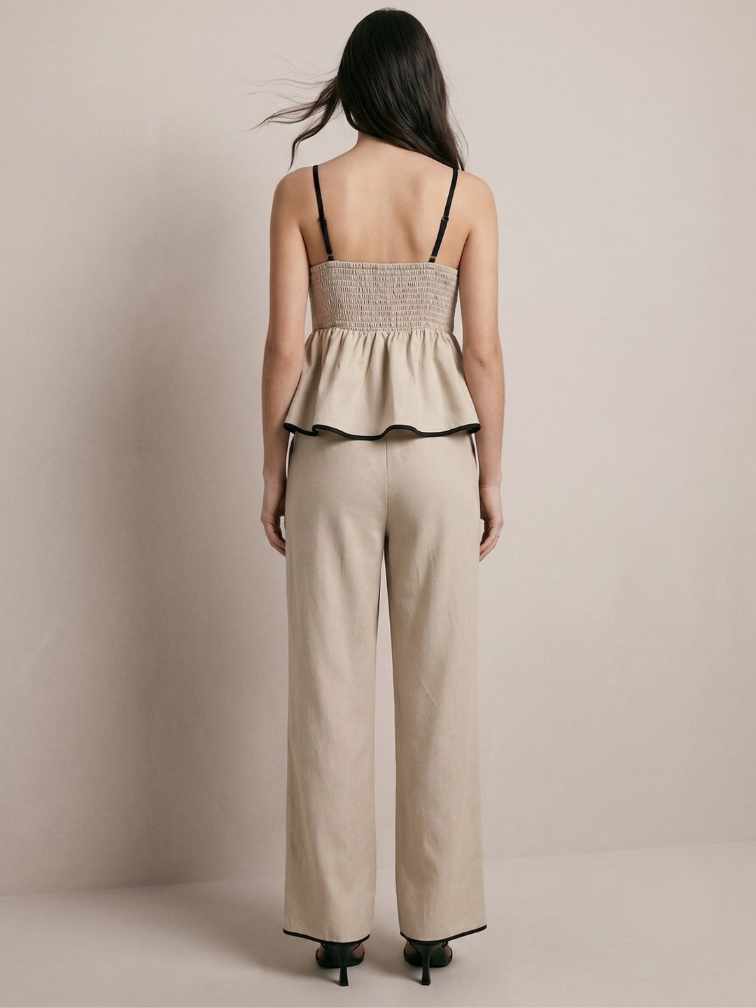 Cream Strappy Peplum Top With Trousers Co-Ord Set