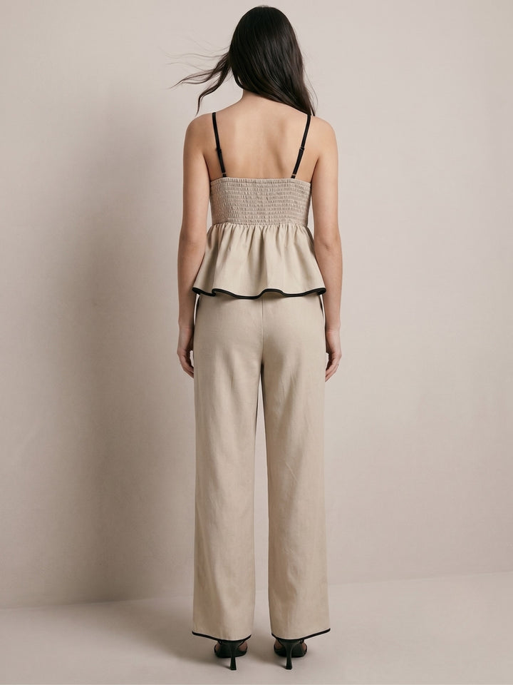 Cream Strappy Peplum Top With Trousers Co-Ord Set