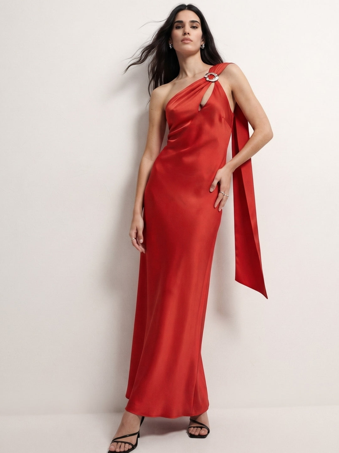Red One Shoulder Dress With Metal Trim
