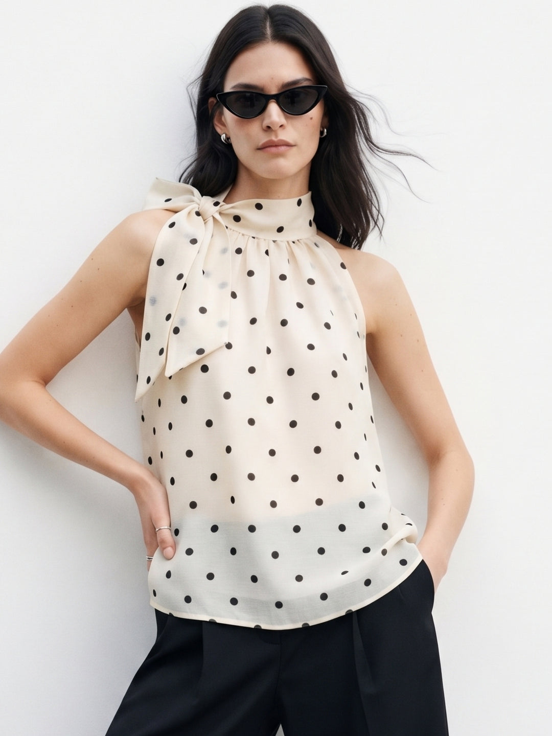 Off White Neck Tie-Up Polka Printed Top