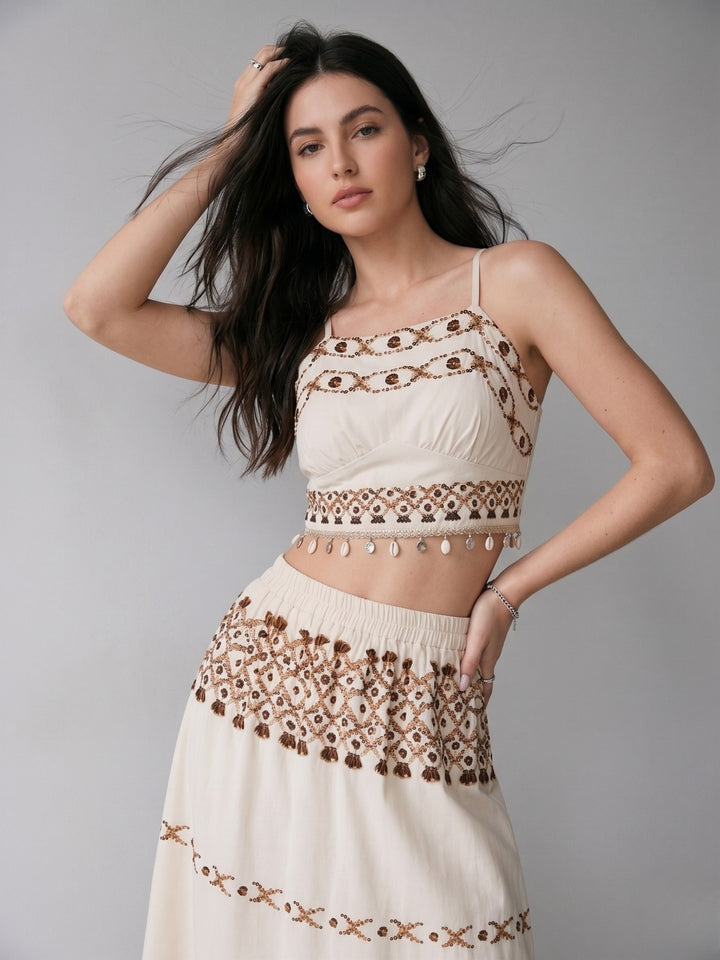Cream Strappy Crop Top And Skirt Co-Ord Set
